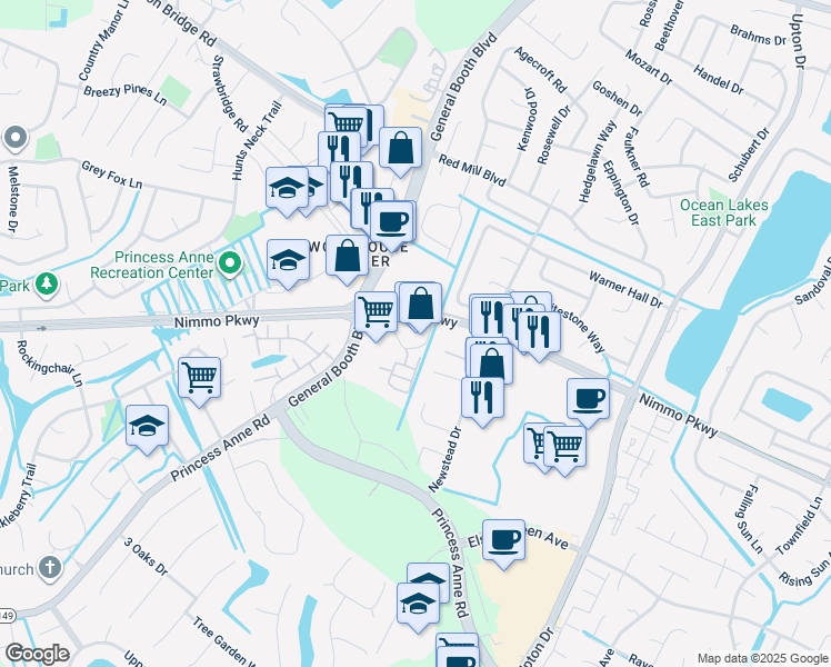 map of restaurants, bars, coffee shops, grocery stores, and more near 2241 Wisteria Lane in Virginia Beach