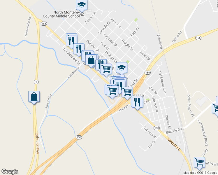 map of restaurants, bars, coffee shops, grocery stores, and more near 11100 Merritt Street in Castroville