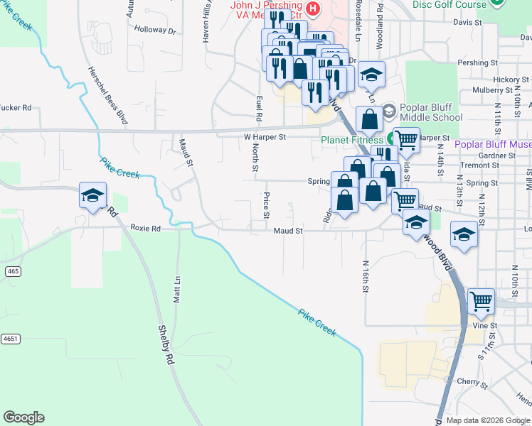 map of restaurants, bars, coffee shops, grocery stores, and more near 733 Price Street in Poplar Bluff