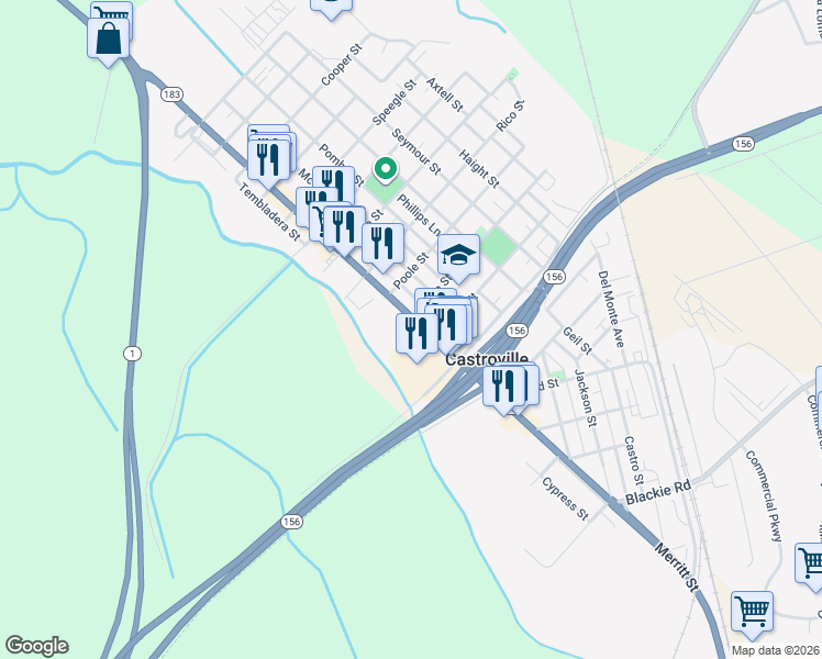 map of restaurants, bars, coffee shops, grocery stores, and more near 11100 Merritt Street in Castroville