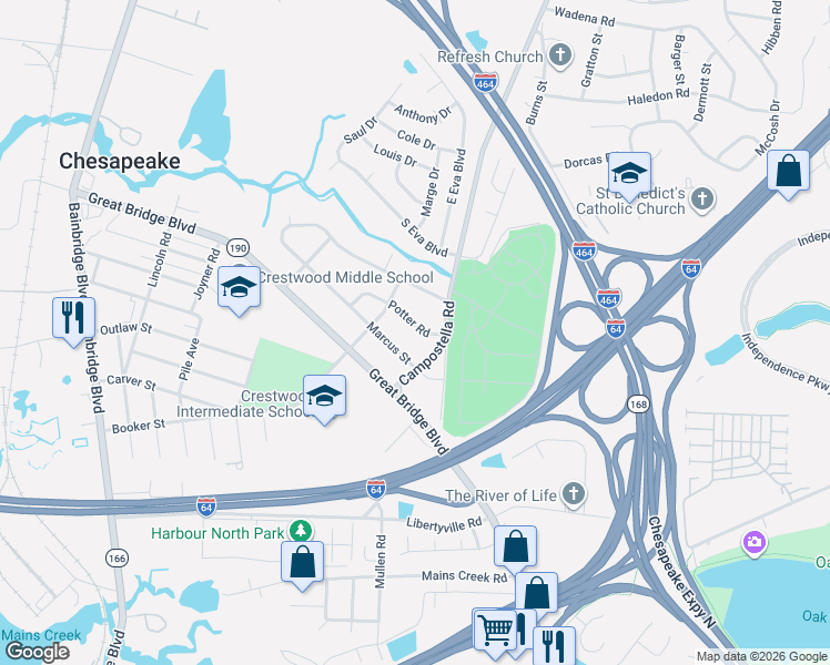 map of restaurants, bars, coffee shops, grocery stores, and more near 708 Potter Road in Chesapeake