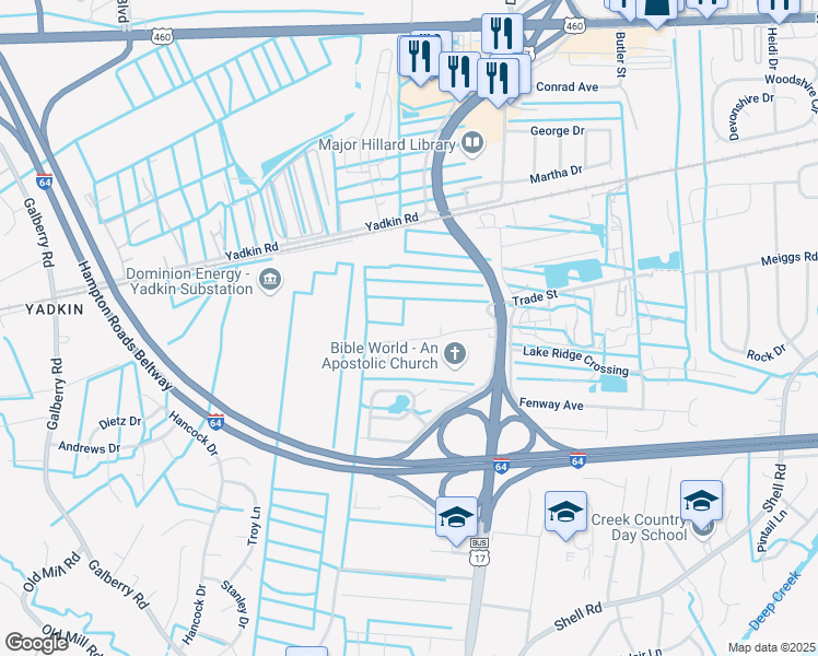 map of restaurants, bars, coffee shops, grocery stores, and more near 2852 Flag Road in Chesapeake