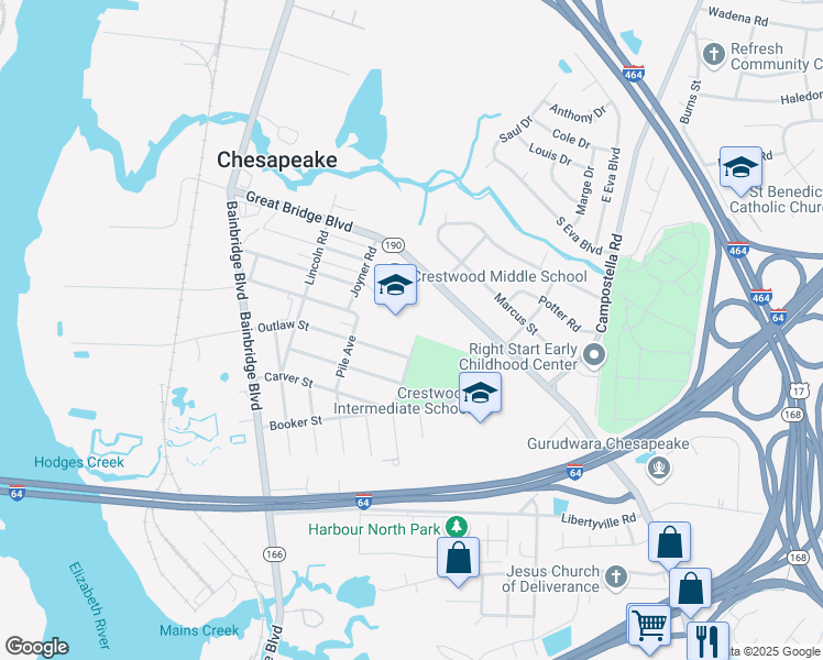map of restaurants, bars, coffee shops, grocery stores, and more near 1420 Great Bridge Boulevard in Chesapeake