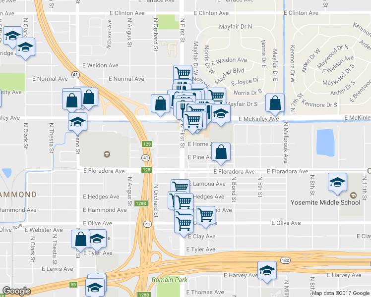 map of restaurants, bars, coffee shops, grocery stores, and more near 1526 North First Street in Fresno