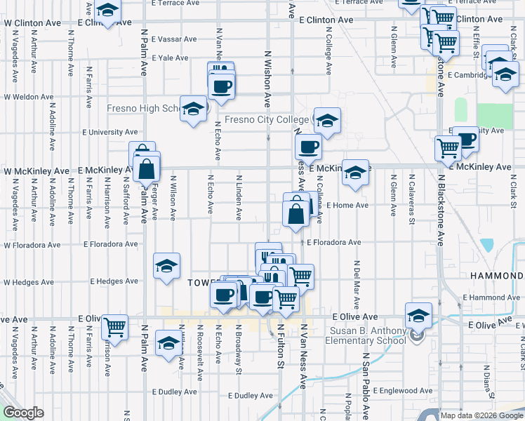 map of restaurants, bars, coffee shops, grocery stores, and more near 735 East Home Avenue in Fresno