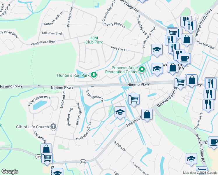 map of restaurants, bars, coffee shops, grocery stores, and more near 2104 Silver Oaks Court in Virginia Beach