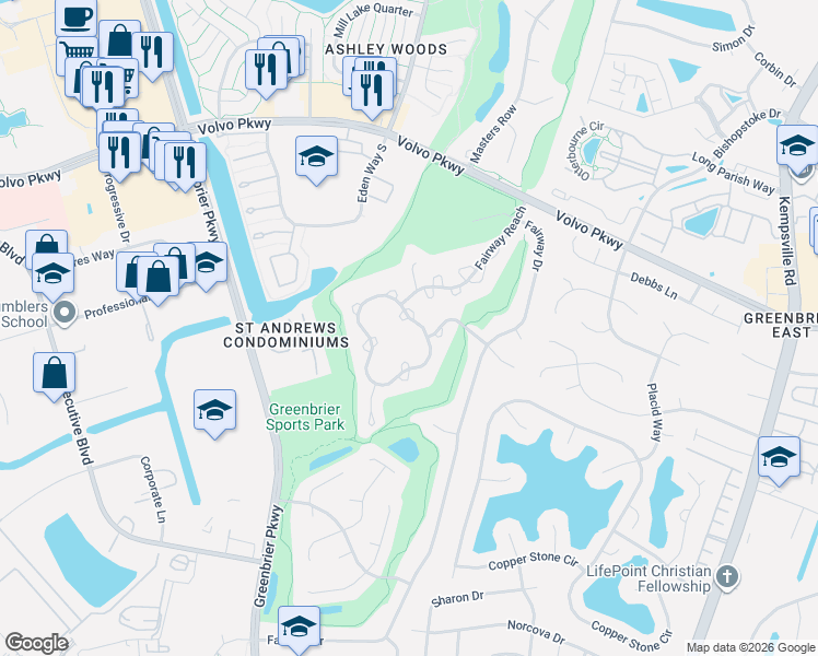 map of restaurants, bars, coffee shops, grocery stores, and more near 800 Shoal Creek Trail in Chesapeake