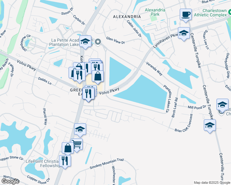 map of restaurants, bars, coffee shops, grocery stores, and more near 1725 Volvo Parkway in Chesapeake