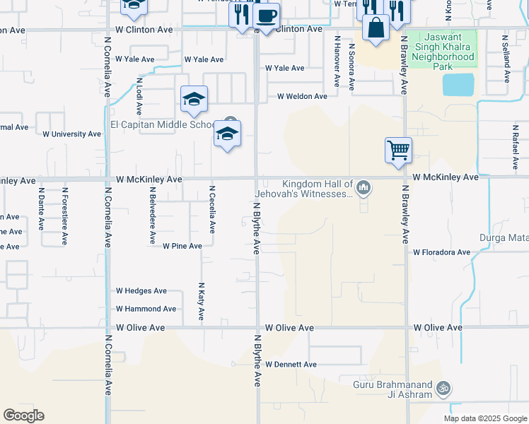 map of restaurants, bars, coffee shops, grocery stores, and more near 1714 North Blythe Avenue in Fresno