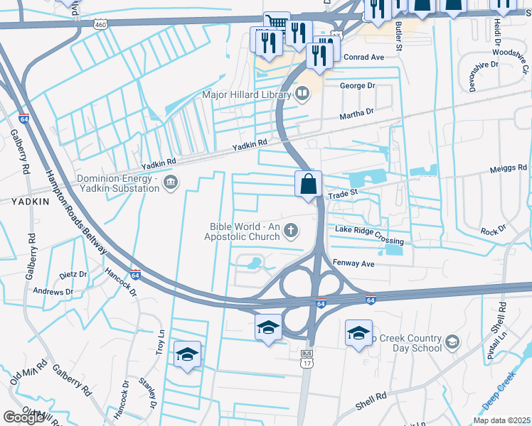 map of restaurants, bars, coffee shops, grocery stores, and more near 2840 Flag Road in Chesapeake