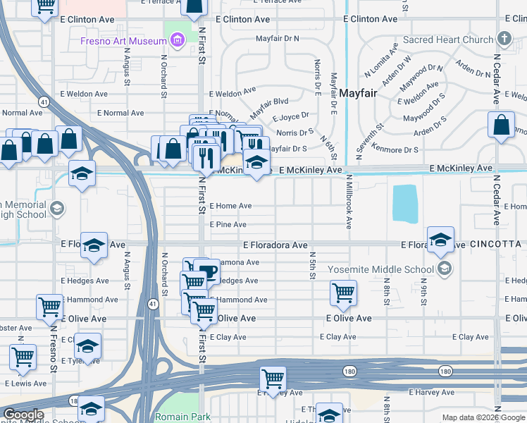 map of restaurants, bars, coffee shops, grocery stores, and more near 3305 East Home Avenue in Fresno