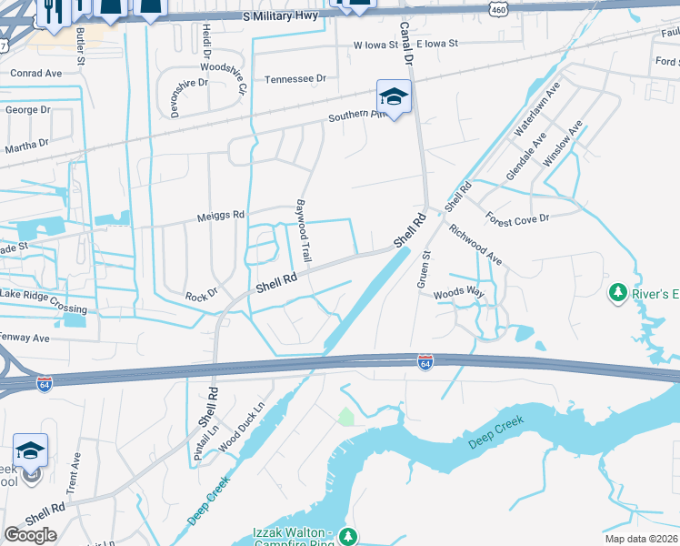 map of restaurants, bars, coffee shops, grocery stores, and more near 1012 Shell Road in Chesapeake