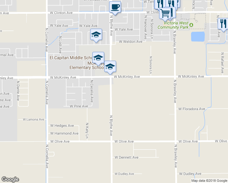 map of restaurants, bars, coffee shops, grocery stores, and more near 1714 North Blythe Avenue in Fresno