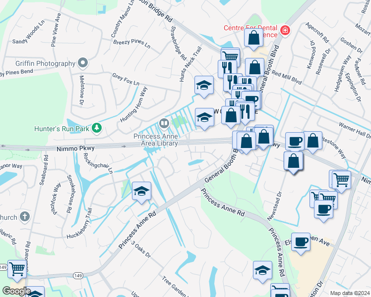 map of restaurants, bars, coffee shops, grocery stores, and more near Siena Court in Virginia Beach