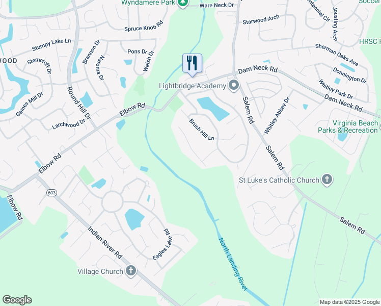 map of restaurants, bars, coffee shops, grocery stores, and more near 2133 Brodeur Lane in Virginia Beach
