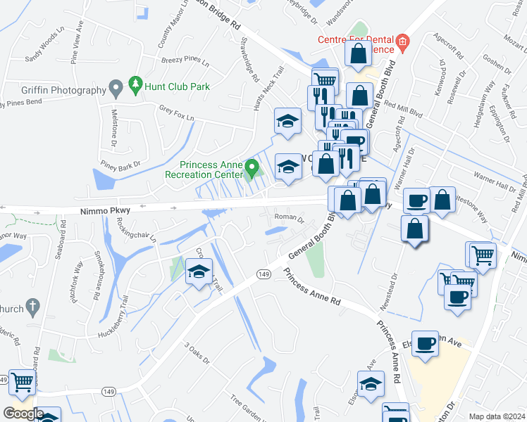 map of restaurants, bars, coffee shops, grocery stores, and more near 1317 Roman Drive in Virginia Beach