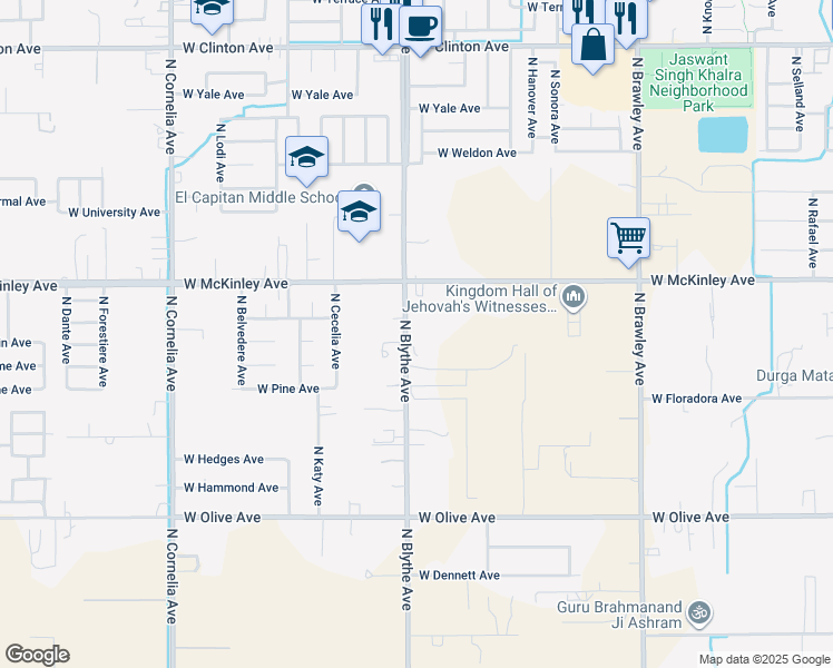 map of restaurants, bars, coffee shops, grocery stores, and more near 1714 North Blythe Avenue in Fresno