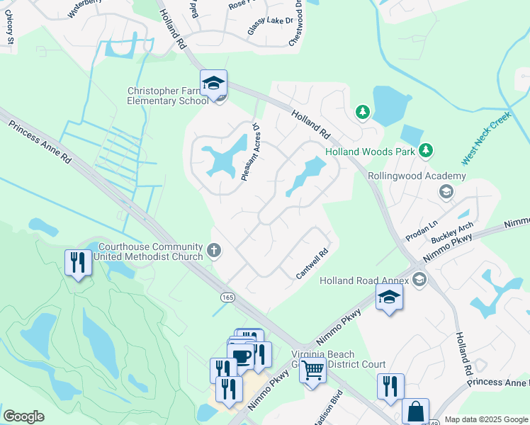 map of restaurants, bars, coffee shops, grocery stores, and more near 2725 Christopher Farms Drive in Virginia Beach