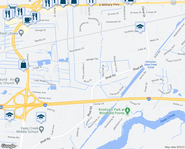 map of restaurants, bars, coffee shops, grocery stores, and more near 605 Hopewell Drive in Chesapeake
