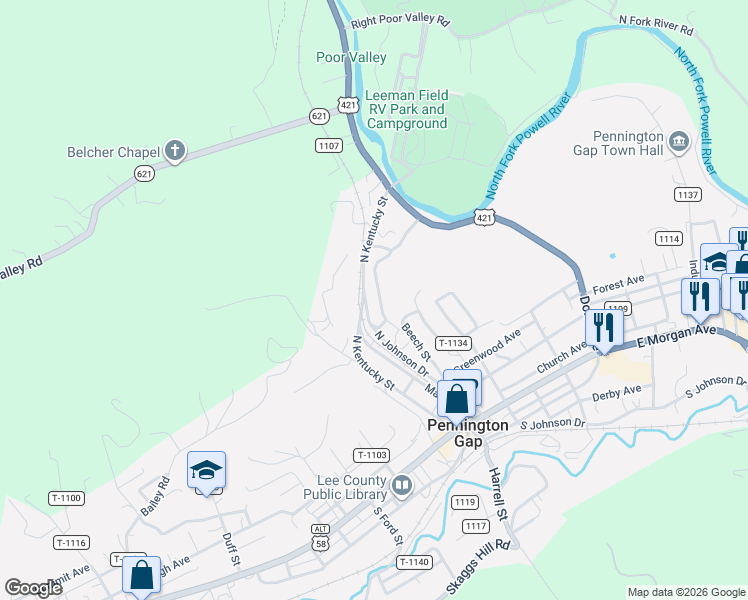 map of restaurants, bars, coffee shops, grocery stores, and more near 518-528 Cemetery Drive in Pennington Gap