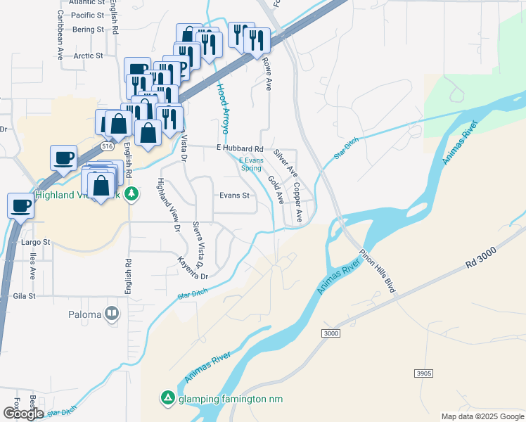 map of restaurants, bars, coffee shops, grocery stores, and more near 3801 Gold Avenue in Farmington