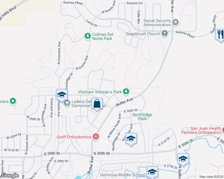 map of restaurants, bars, coffee shops, grocery stores, and more near 3910 N Mesa Verde Ave in Farmington
