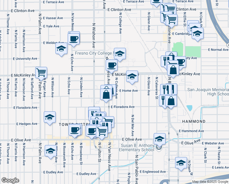 map of restaurants, bars, coffee shops, grocery stores, and more near 1512 North College Avenue in Fresno