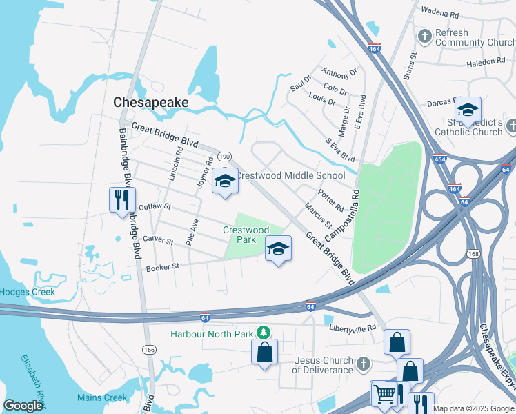 map of restaurants, bars, coffee shops, grocery stores, and more near 1348 Great Bridge Boulevard in Chesapeake