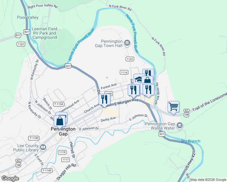 map of restaurants, bars, coffee shops, grocery stores, and more near 599 State Road 1114 in Pennington Gap