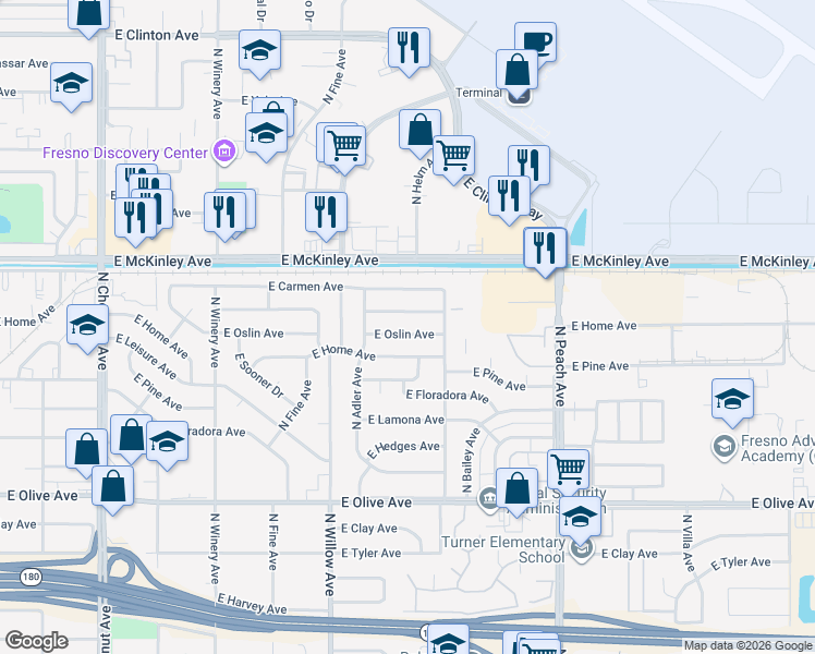 map of restaurants, bars, coffee shops, grocery stores, and more near 5071 East Oslin Avenue in Fresno