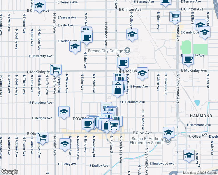 map of restaurants, bars, coffee shops, grocery stores, and more near 814 East Home Avenue in Fresno