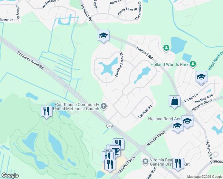 map of restaurants, bars, coffee shops, grocery stores, and more near 2024 Square Dance Court in Virginia Beach
