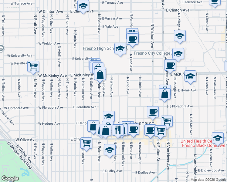 map of restaurants, bars, coffee shops, grocery stores, and more near 1516 North Wilson Avenue in Fresno