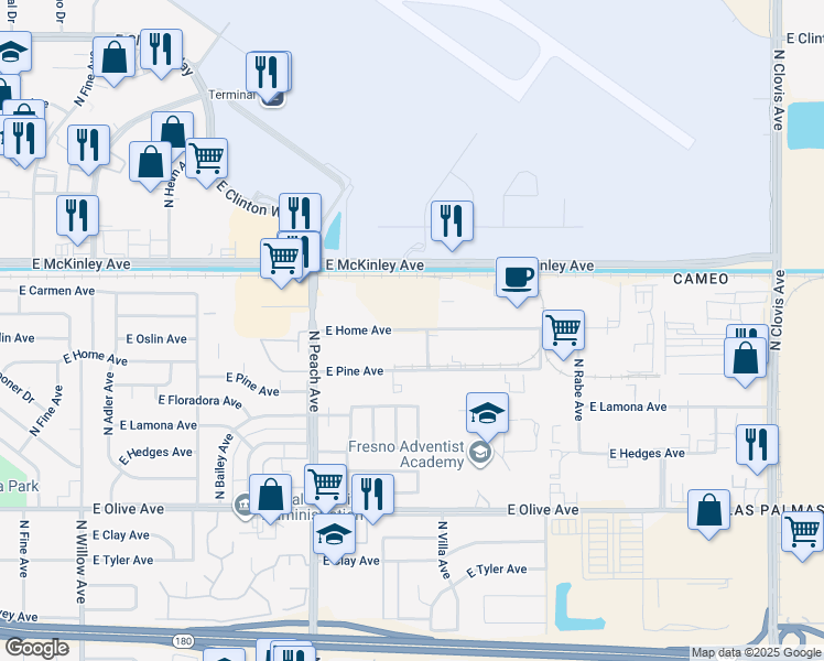 map of restaurants, bars, coffee shops, grocery stores, and more near 5286 East Home Avenue in Fresno