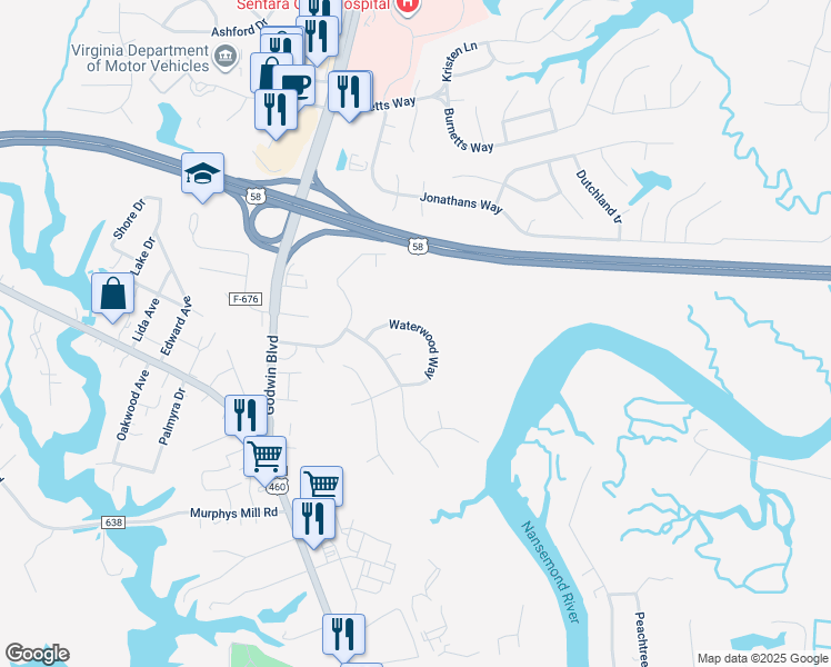 map of restaurants, bars, coffee shops, grocery stores, and more near 210 Waterwood Way in Suffolk