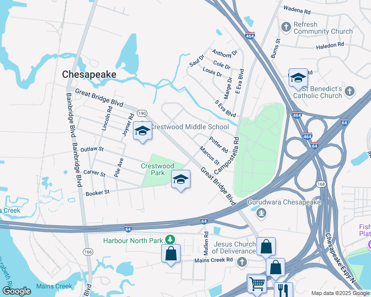 map of restaurants, bars, coffee shops, grocery stores, and more near 1313 Great Bridge Boulevard in Chesapeake