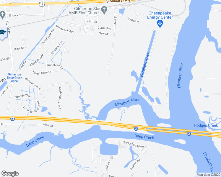 map of restaurants, bars, coffee shops, grocery stores, and more near 1500 Steel Street in Chesapeake