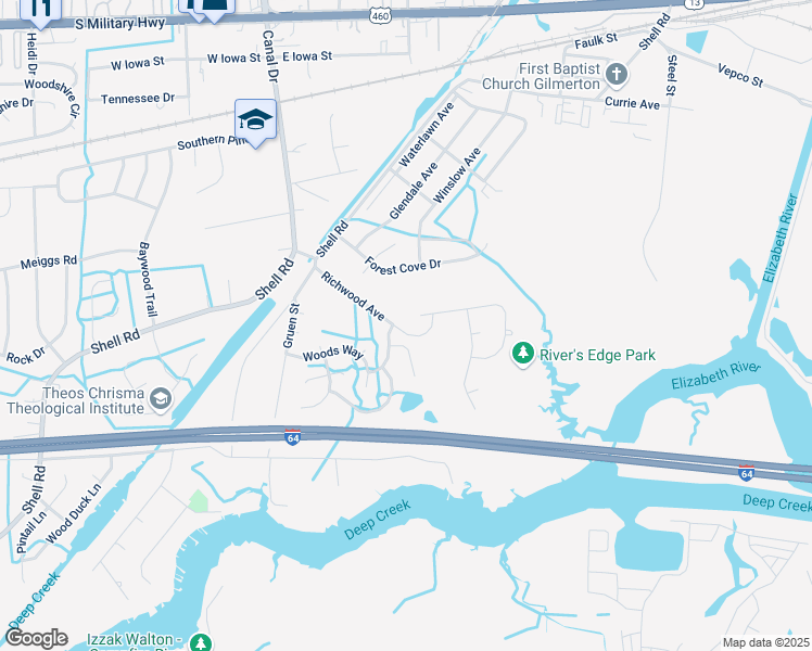 map of restaurants, bars, coffee shops, grocery stores, and more near 1308 Richwood Avenue in Chesapeake