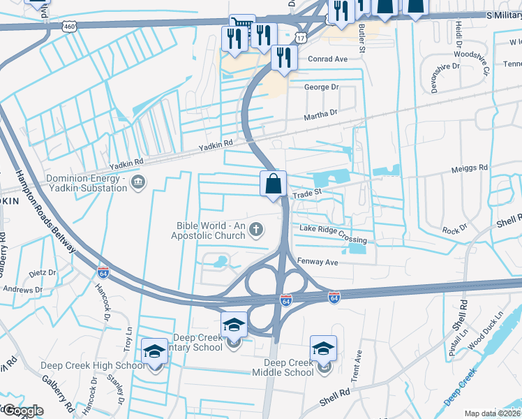 map of restaurants, bars, coffee shops, grocery stores, and more near 624 Happy Acres Road in Chesapeake