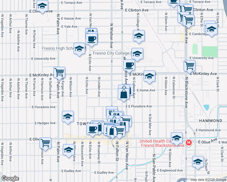 map of restaurants, bars, coffee shops, grocery stores, and more near 806 East Home Avenue in Fresno