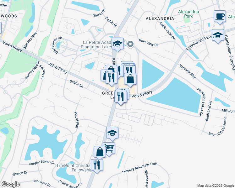 map of restaurants, bars, coffee shops, grocery stores, and more near Kempsville Rd & Volvo Pkwy in Chesapeake