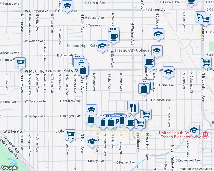 map of restaurants, bars, coffee shops, grocery stores, and more near 1487 North Echo Avenue in Fresno