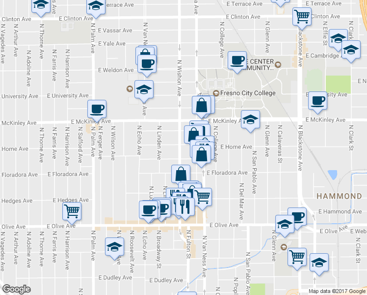 map of restaurants, bars, coffee shops, grocery stores, and more near 821 East Home Avenue in Fresno