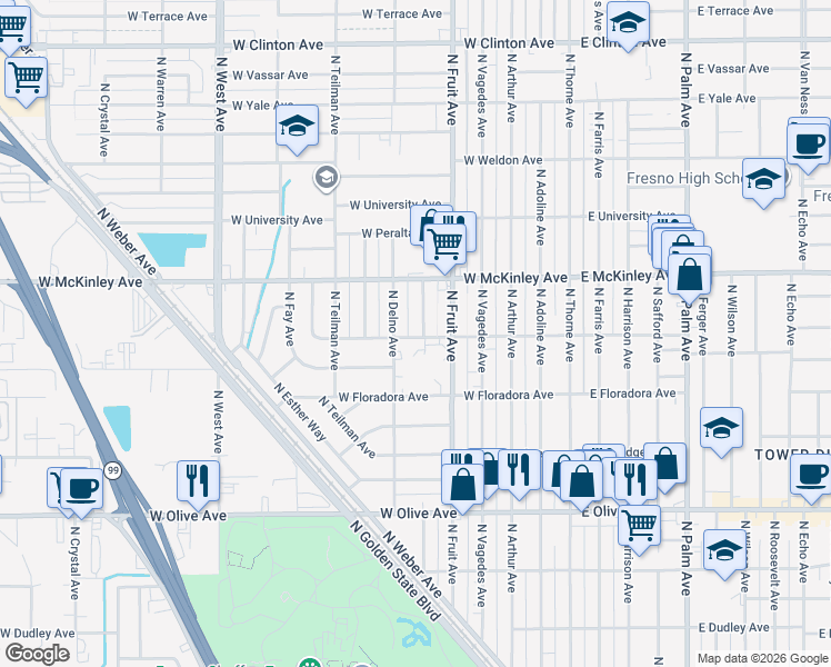 map of restaurants, bars, coffee shops, grocery stores, and more near 1528 North Carruth Avenue in Fresno