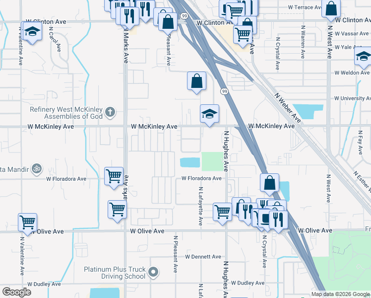 map of restaurants, bars, coffee shops, grocery stores, and more near 1535 North Pleasant Avenue in Fresno