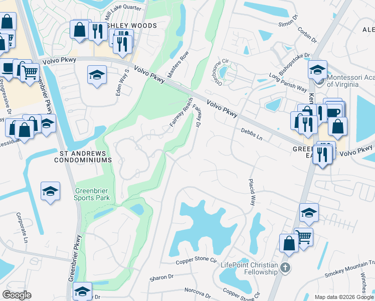 map of restaurants, bars, coffee shops, grocery stores, and more near 1308 Fairway Drive in Chesapeake