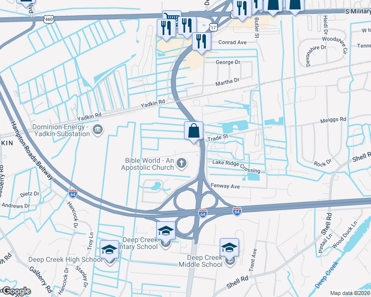 map of restaurants, bars, coffee shops, grocery stores, and more near 624 Happy Acres Road in Chesapeake