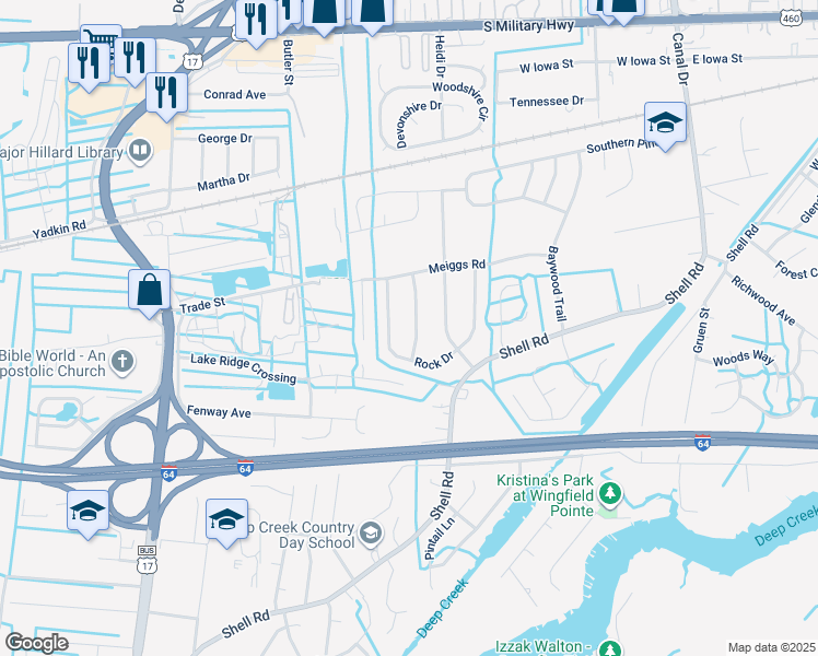 map of restaurants, bars, coffee shops, grocery stores, and more near 612 Lovegrove Avenue in Chesapeake