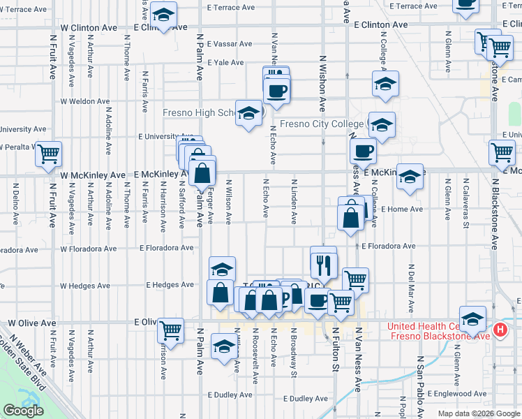 map of restaurants, bars, coffee shops, grocery stores, and more near 1487 North Echo Avenue in Fresno