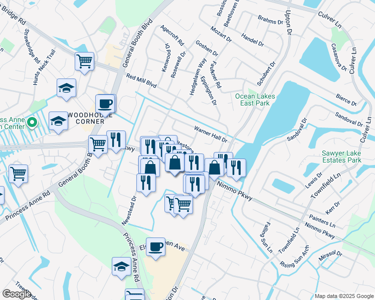 map of restaurants, bars, coffee shops, grocery stores, and more near 1137 Whitestone Way in Virginia Beach